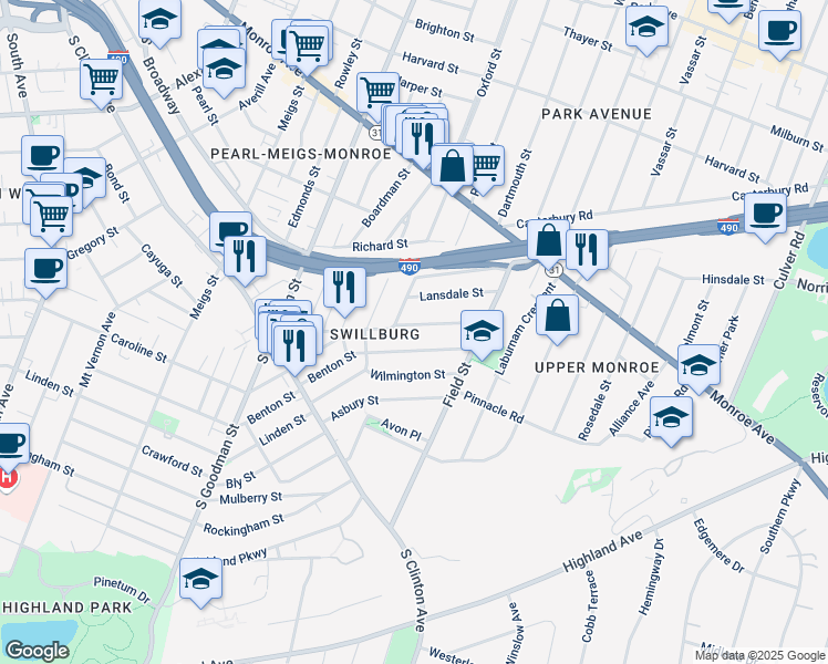 map of restaurants, bars, coffee shops, grocery stores, and more near 179 Henrietta Street in Rochester