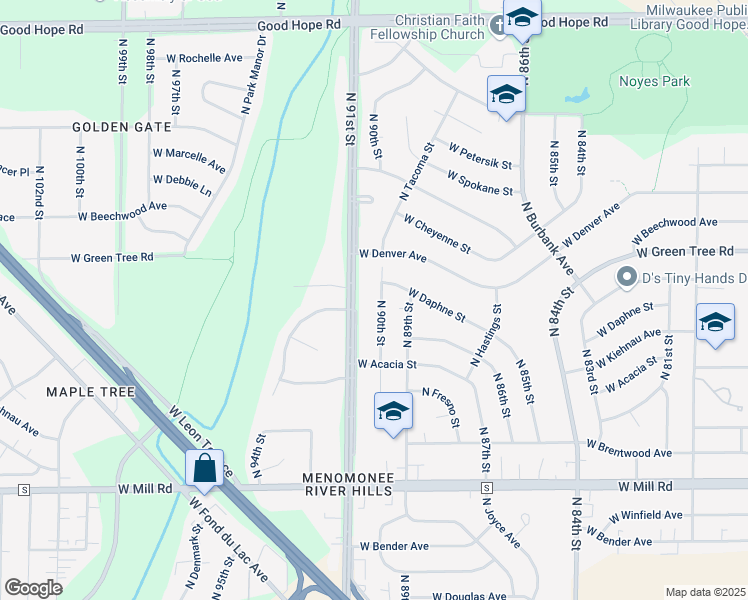 map of restaurants, bars, coffee shops, grocery stores, and more near 6725 North 90th Street in Milwaukee