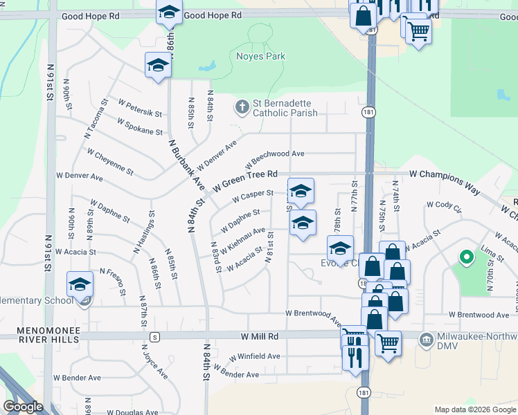 map of restaurants, bars, coffee shops, grocery stores, and more near 8120 West Daphne Street in Milwaukee