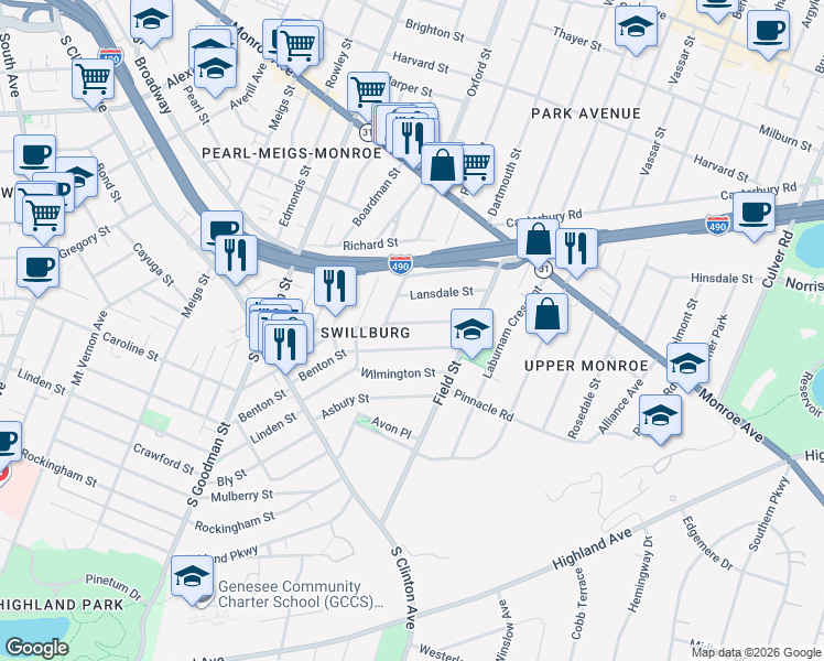 map of restaurants, bars, coffee shops, grocery stores, and more near 179 Henrietta Street in Rochester