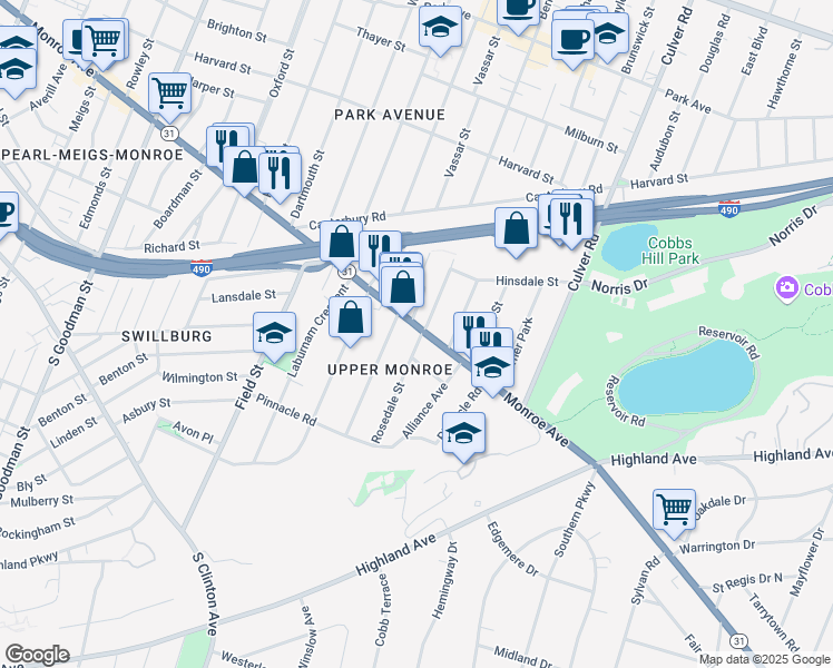 map of restaurants, bars, coffee shops, grocery stores, and more near 18 Shepard Street in Rochester