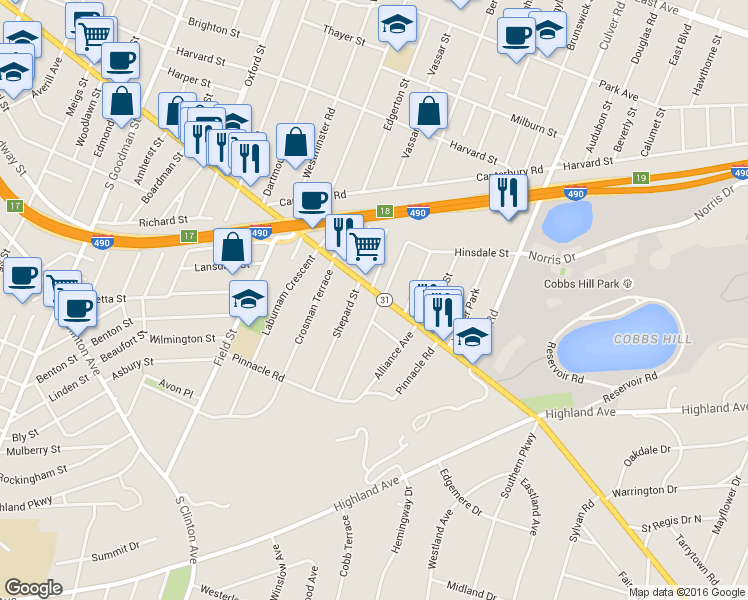 map of restaurants, bars, coffee shops, grocery stores, and more near 18 Shepard Street in Rochester