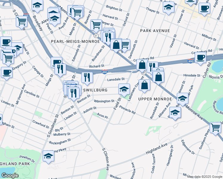 map of restaurants, bars, coffee shops, grocery stores, and more near 231 Henrietta Street in Rochester