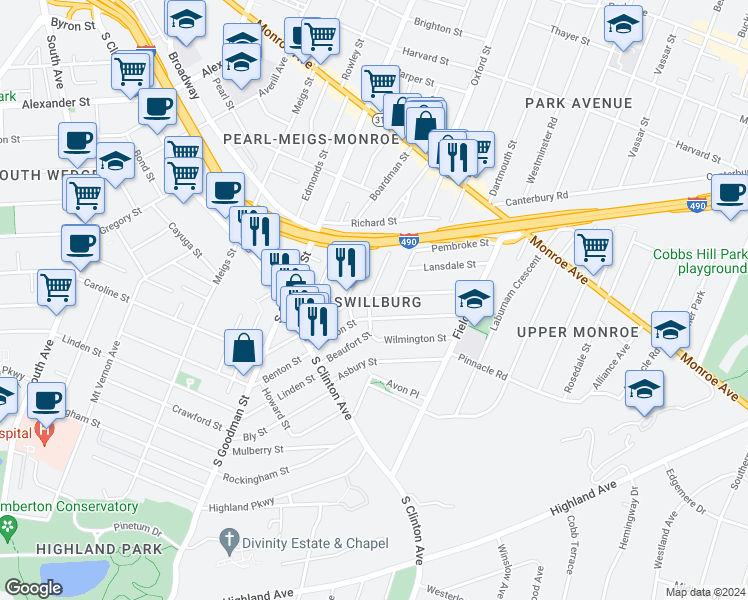 map of restaurants, bars, coffee shops, grocery stores, and more near 124 Henrietta Street in Rochester