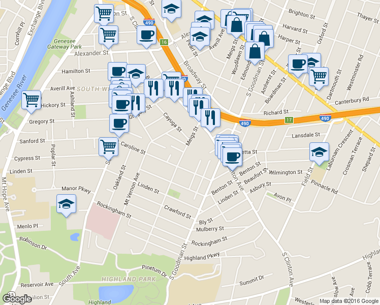 map of restaurants, bars, coffee shops, grocery stores, and more near 745 Meigs Street in Rochester