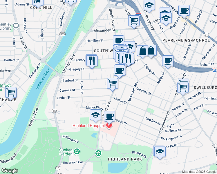 map of restaurants, bars, coffee shops, grocery stores, and more near 252 Cypress Street in Rochester