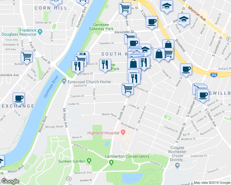 map of restaurants, bars, coffee shops, grocery stores, and more near 252 Cypress Street in Rochester