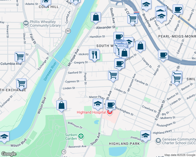map of restaurants, bars, coffee shops, grocery stores, and more near 198 Cypress Street in Rochester