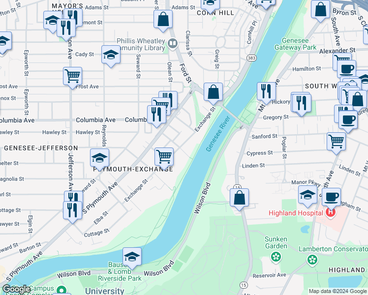 map of restaurants, bars, coffee shops, grocery stores, and more near 826 Exchange Street in Rochester