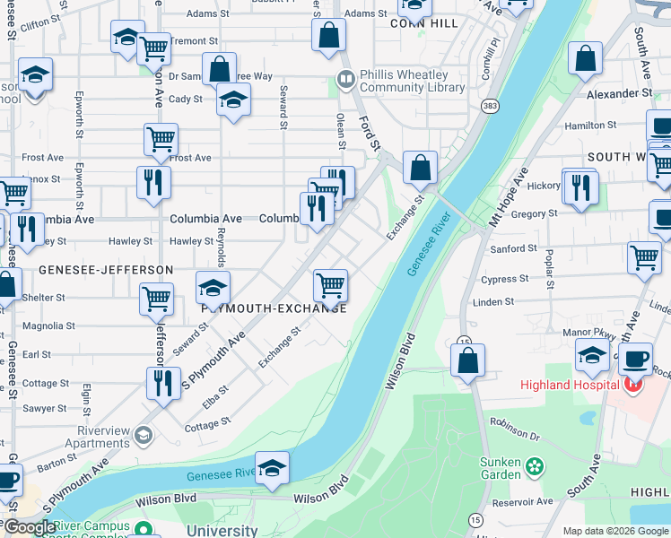 map of restaurants, bars, coffee shops, grocery stores, and more near 2 Stanley Street in Rochester