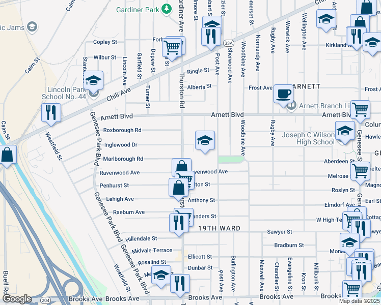map of restaurants, bars, coffee shops, grocery stores, and more near 256 Thurston Road in Rochester