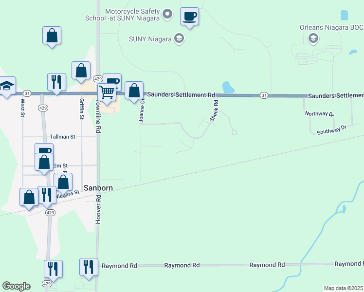 map of restaurants, bars, coffee shops, grocery stores, and more near 3076 Shenk Road in Sanborn
