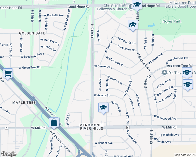 map of restaurants, bars, coffee shops, grocery stores, and more near 6725 North 90th Street in Milwaukee