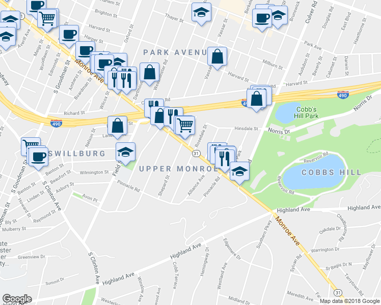 map of restaurants, bars, coffee shops, grocery stores, and more near 1011 Monroe Avenue in Rochester