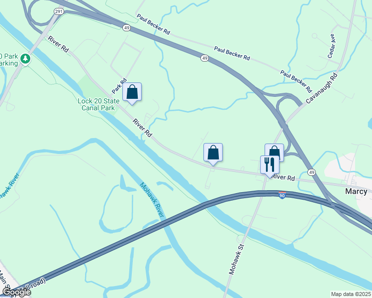 map of restaurants, bars, coffee shops, grocery stores, and more near 9139 River Road in Marcy