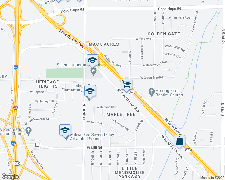 map of restaurants, bars, coffee shops, grocery stores, and more near 10309 West Fond Du Lac Avenue in Milwaukee