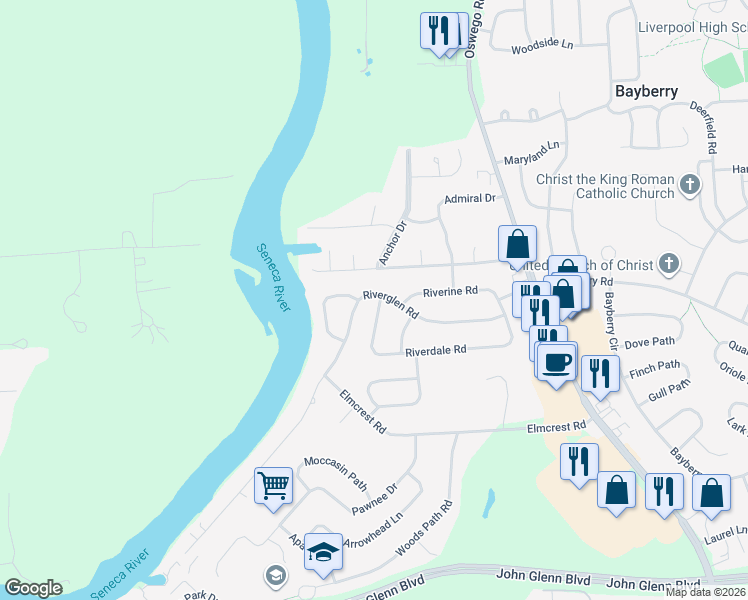 map of restaurants, bars, coffee shops, grocery stores, and more near 229 Riverdale Road in Liverpool