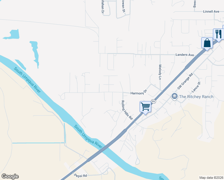 map of restaurants, bars, coffee shops, grocery stores, and more near 423 Harmony Drive in Roseburg