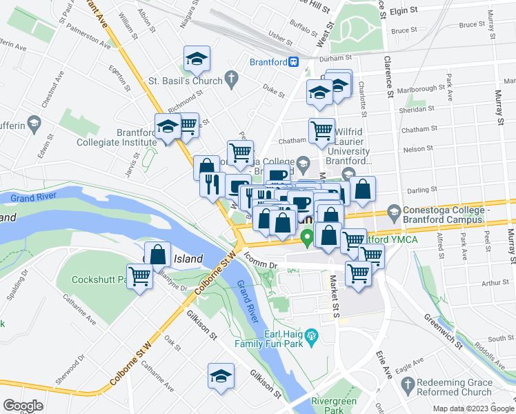 map of restaurants, bars, coffee shops, grocery stores, and more near 17A Darling Street in Brantford