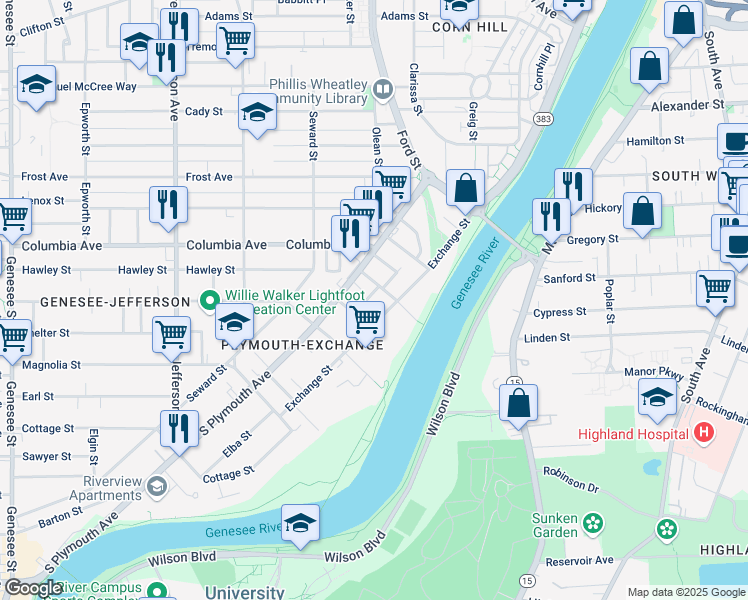 map of restaurants, bars, coffee shops, grocery stores, and more near 2 Stanley Street in Rochester