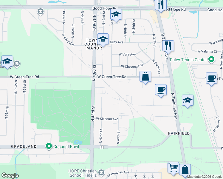 map of restaurants, bars, coffee shops, grocery stores, and more near 6750 North 43rd Street in Milwaukee