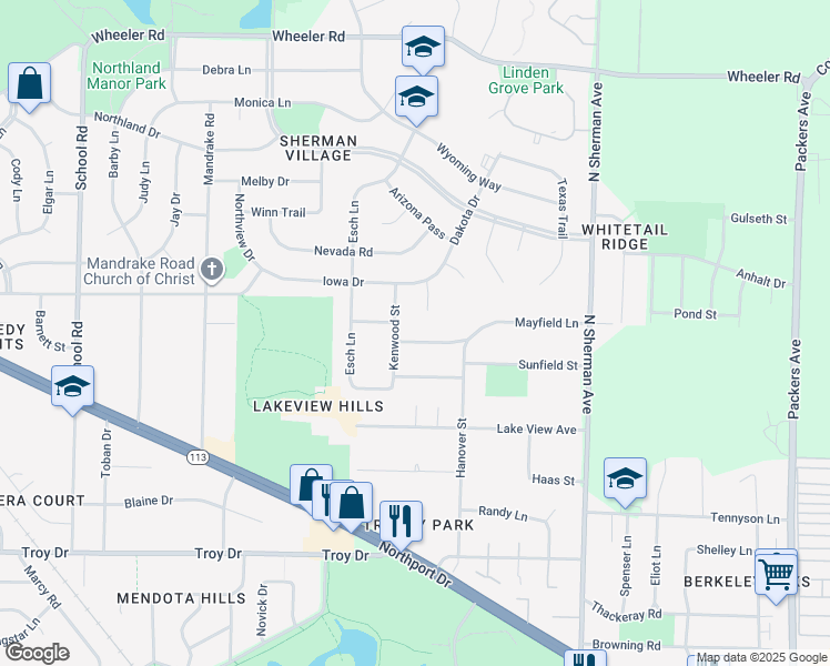 map of restaurants, bars, coffee shops, grocery stores, and more near 1510 Mayfield Lane in Madison