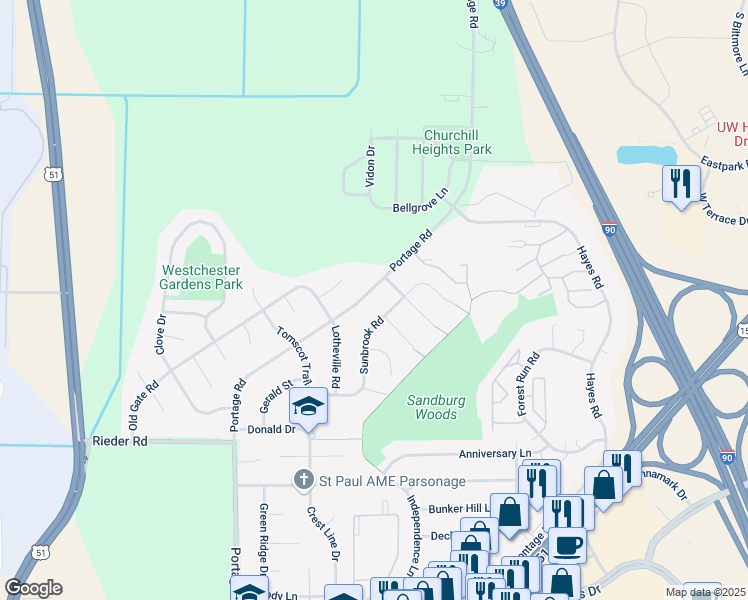 map of restaurants, bars, coffee shops, grocery stores, and more near 3611 Portage Road in Madison