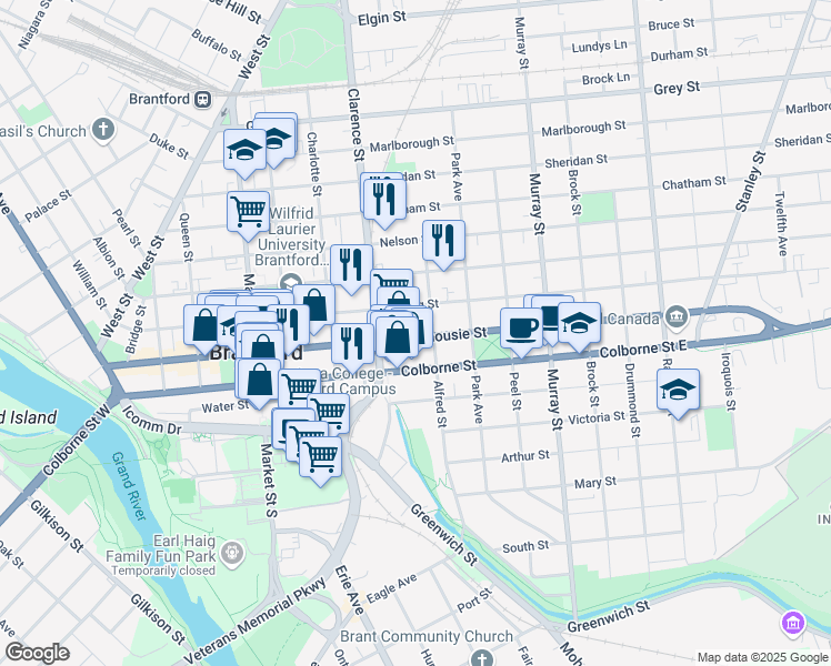 map of restaurants, bars, coffee shops, grocery stores, and more near 216 Dalhousie Street in Brantford