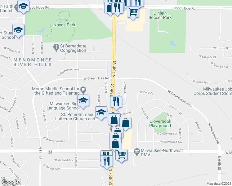 map of restaurants, bars, coffee shops, grocery stores, and more near 6715 North 75th Street in Milwaukee