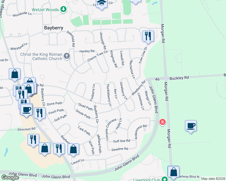 map of restaurants, bars, coffee shops, grocery stores, and more near 14 Ilex Lane in Liverpool