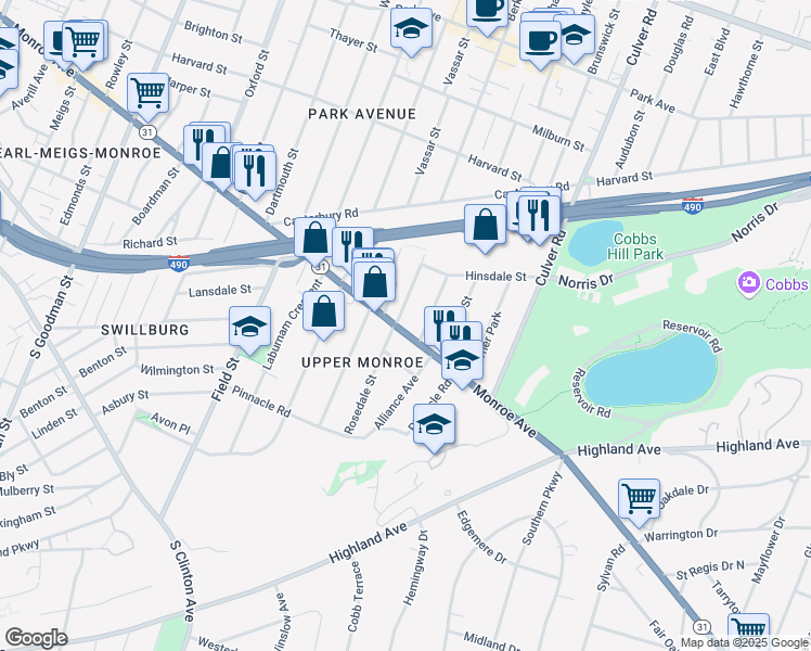 map of restaurants, bars, coffee shops, grocery stores, and more near 1030 Monroe Avenue in Rochester