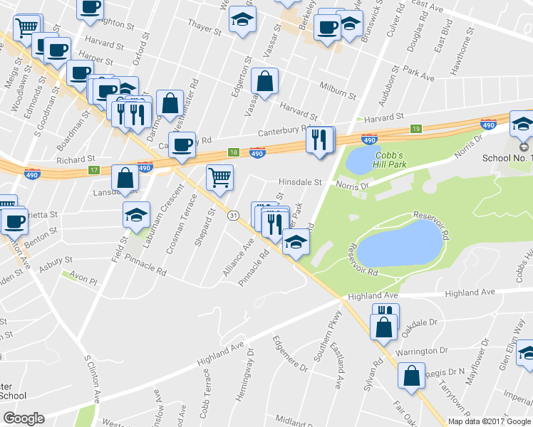 map of restaurants, bars, coffee shops, grocery stores, and more near 47 Belmont Street in Rochester