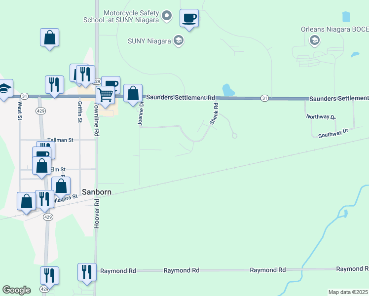 map of restaurants, bars, coffee shops, grocery stores, and more near 3076 Shenk Road in Sanborn
