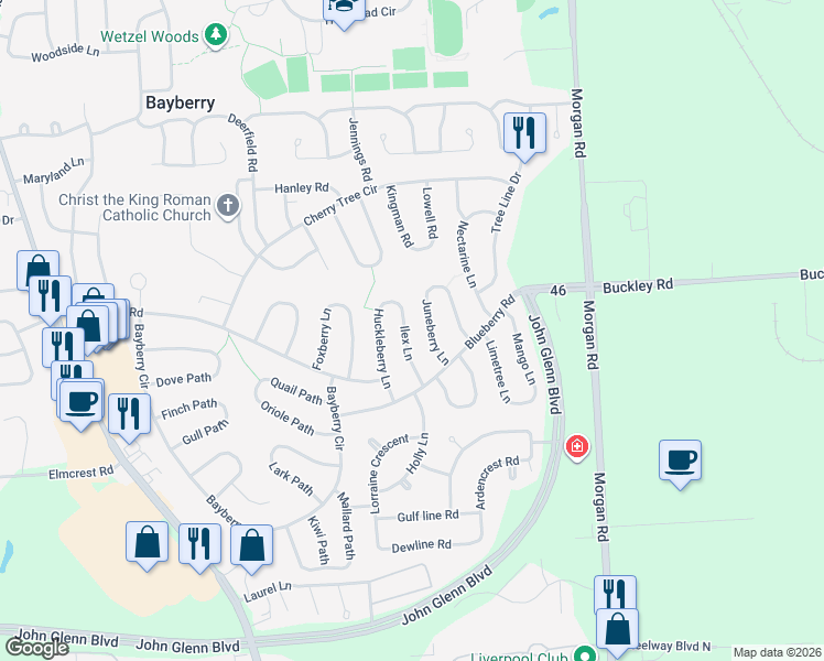 map of restaurants, bars, coffee shops, grocery stores, and more near 14 Ilex Ln in Liverpool