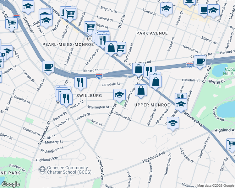 map of restaurants, bars, coffee shops, grocery stores, and more near 116 Field Street in Rochester