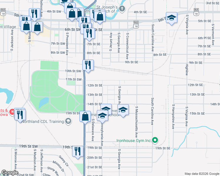map of restaurants, bars, coffee shops, grocery stores, and more near 1207 South Pennsylvania Avenue in Mason City