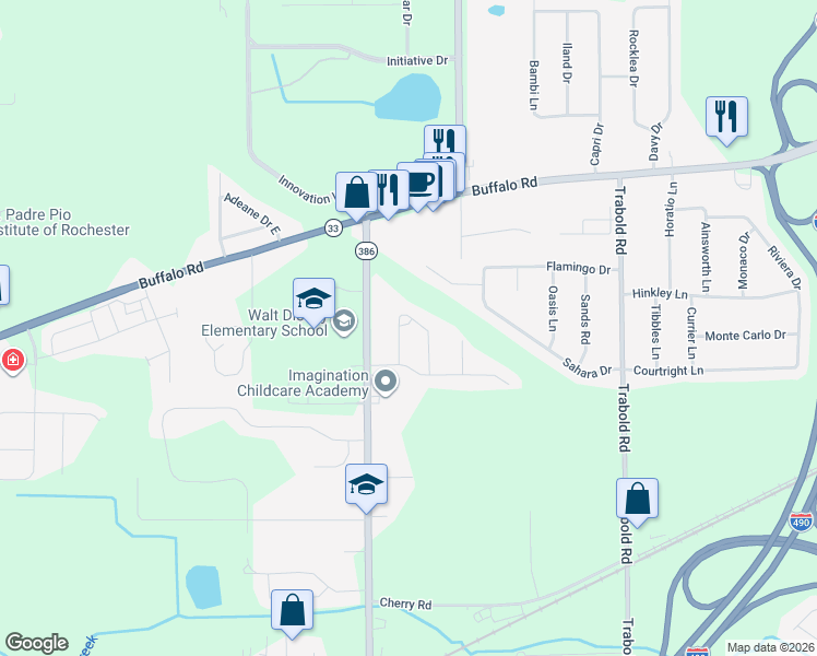 map of restaurants, bars, coffee shops, grocery stores, and more near 12 Del Verde Road in Rochester