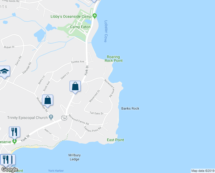 map of restaurants, bars, coffee shops, grocery stores, and more near 122 Norwood Farms Road in York