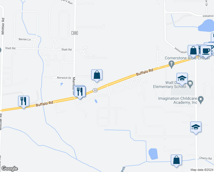 map of restaurants, bars, coffee shops, grocery stores, and more near 3505 Buffalo Road in Rochester