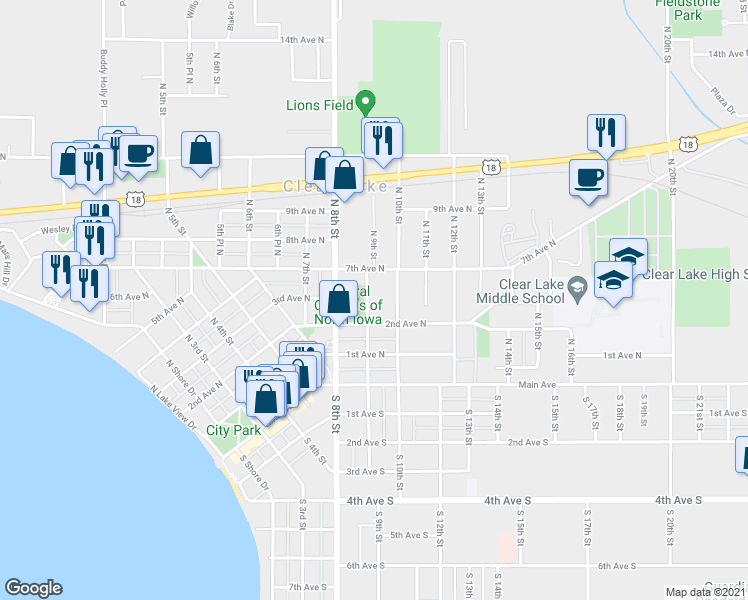 map of restaurants, bars, coffee shops, grocery stores, and more near 214 North 9th Street in Clear Lake