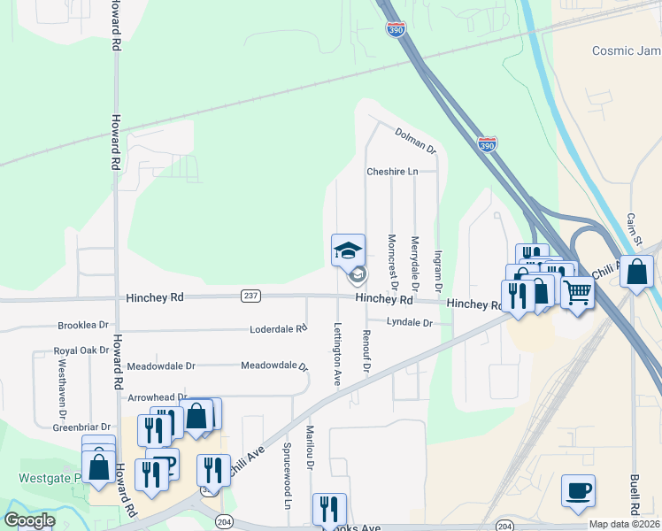 map of restaurants, bars, coffee shops, grocery stores, and more near 133 Lettington Ave in Rochester