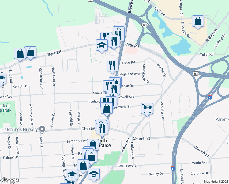map of restaurants, bars, coffee shops, grocery stores, and more near 406 North Main Street in North Syracuse