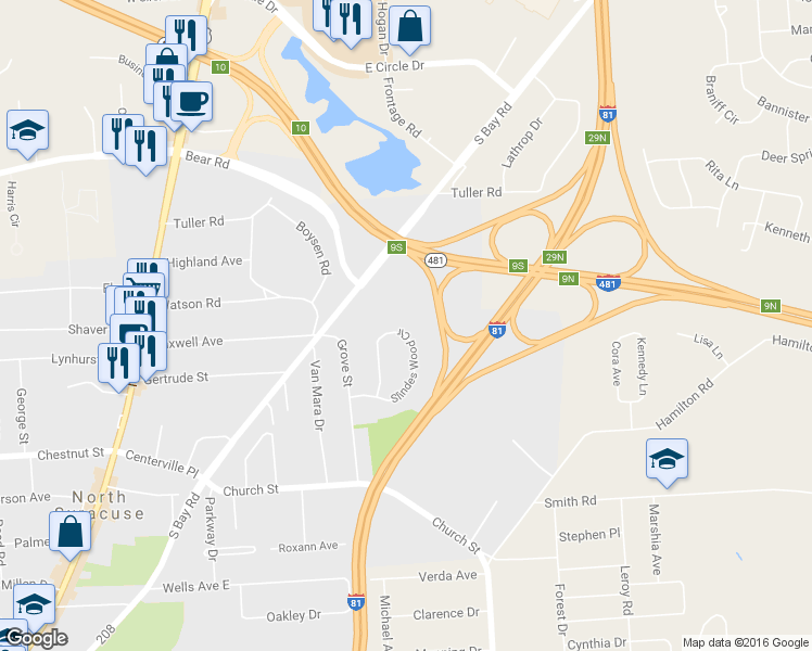 map of restaurants, bars, coffee shops, grocery stores, and more near 162 Slindes Wood Circle in North Syracuse