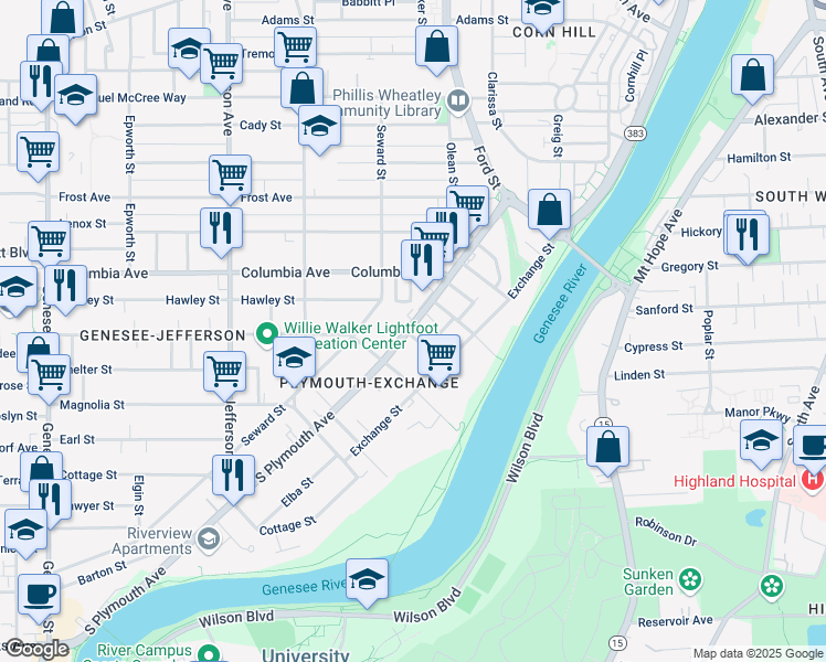 map of restaurants, bars, coffee shops, grocery stores, and more near 822 New York 383 in Rochester