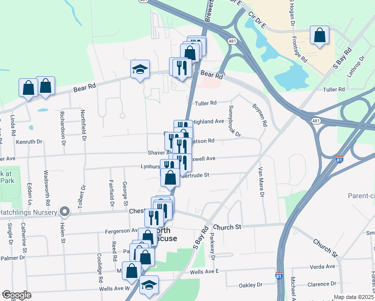 map of restaurants, bars, coffee shops, grocery stores, and more near 406 North Main Street in North Syracuse