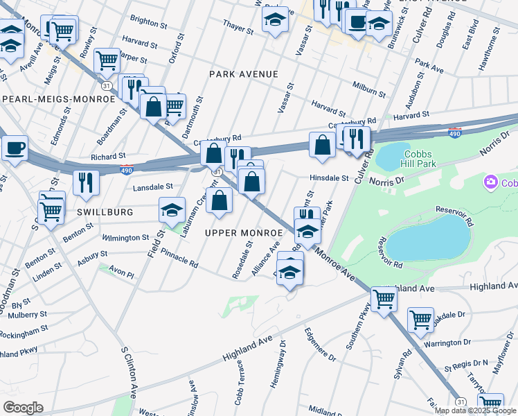map of restaurants, bars, coffee shops, grocery stores, and more near 18 Shepard Street in Rochester