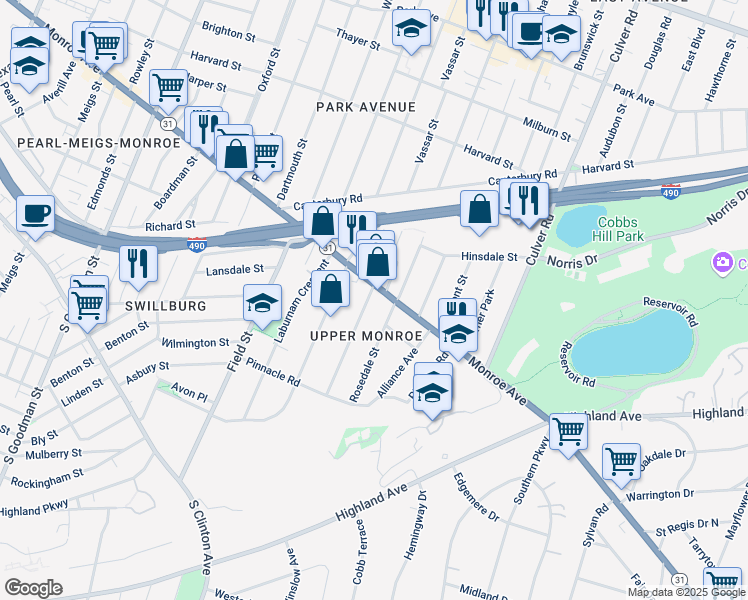 map of restaurants, bars, coffee shops, grocery stores, and more near 18 Shepard Street in Rochester