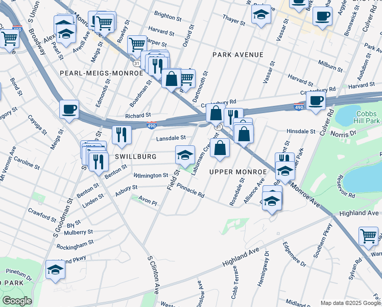 map of restaurants, bars, coffee shops, grocery stores, and more near 116 Field Street in Rochester