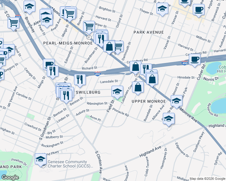 map of restaurants, bars, coffee shops, grocery stores, and more near 231 Henrietta Street in Rochester