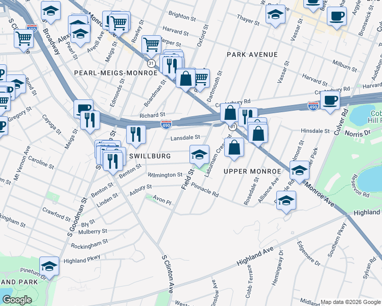 map of restaurants, bars, coffee shops, grocery stores, and more near 231 Henrietta Street in Rochester